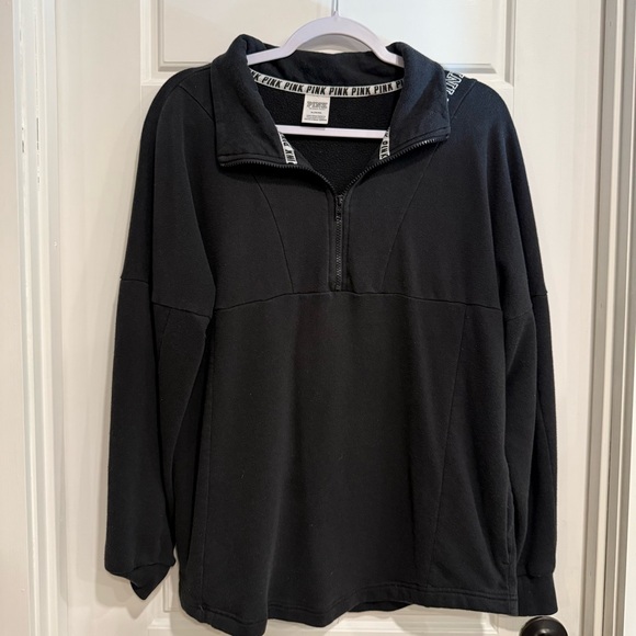 PINK Victoria's Secret Black Half-Zip Pullover White Logo on back size M - Picture 2 of 3